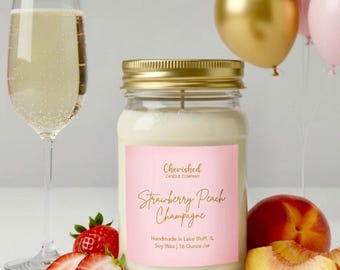 Strawberry Peach Champagne, Naturally Scented Soy Wax Candle, Pink and Gold Label, Cozy Pink Decor, Satin Pink Bag, Celebratory Candle