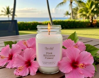 Pink Hibiscus Flower, Naturally Scented Soy Wax Candle, Spa like Scent, Soft Floral, Cozy Home Decor, Pink Satin Bag