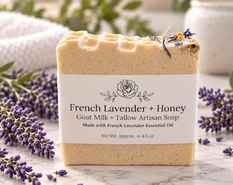 French Lavender & Honey Goat Milk Soap | Grass Fed Tallow Soap | Handmade Artisan Soap | Colloidal Oatmeal | Natural Lavender Bar