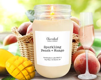 Sparkling Peach + Mango l All Natural Scented Soy Wax Candle l 16 oz Mason Jar l Hand Poured l Dye Free l Tropical Vacation Vibes