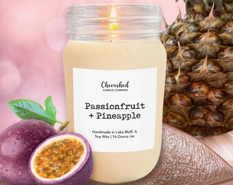 Passionfruit + Pineapple l Naturally Scented Soy Wax Candle  l 8oz or 16oz Mason Jar l Summer Candles l Home Decor l Tropical Candles