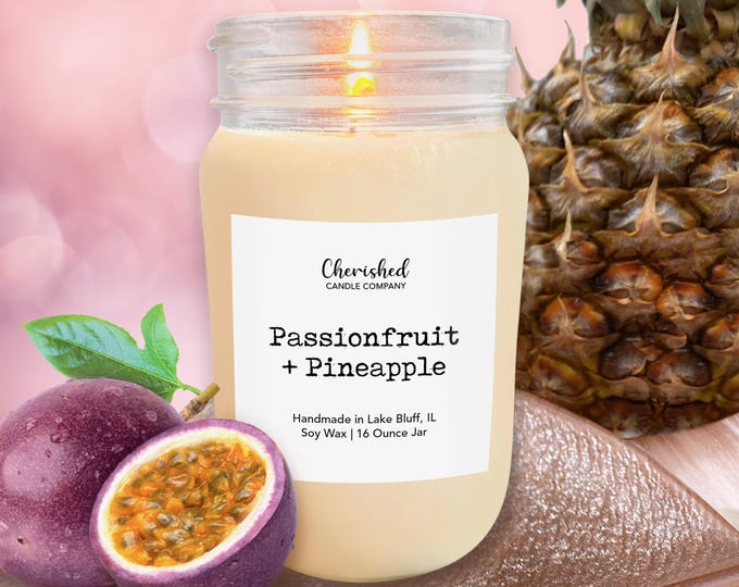 Featured listing image: Passionfruit + Pineapple l Naturally Scented Soy Wax Candle  l 8oz or 16oz Mason Jar l Summer Candles l Home Decor l Tropical Candles