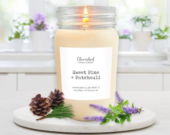 Sweet Pine + Patchouli l Naturally Scented Soy Wax Candle l 2 Jar Sizes l Nontoxic l Pine Candle l Sophisticated Scent l Mason Jar Candle