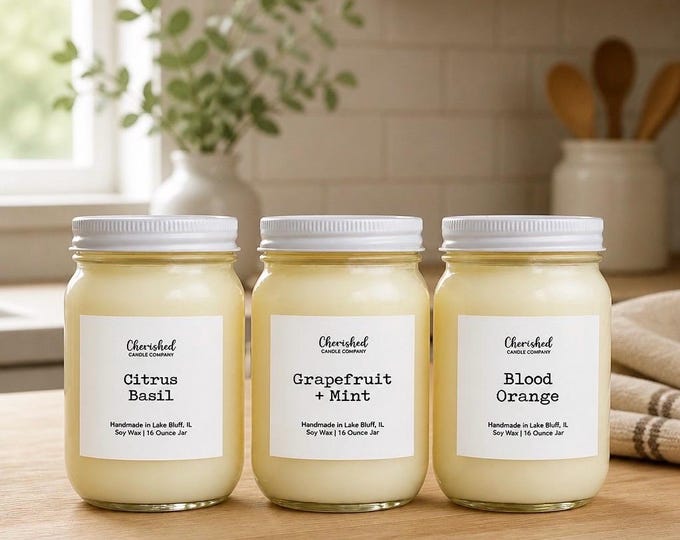 Featured listing image: Hand Poured Fruit + Citrus Naturally Scented Soy Wax Candles: Citrus Basil, Grapefruit Mint, Blood Orange, and More, Black Satin Bag