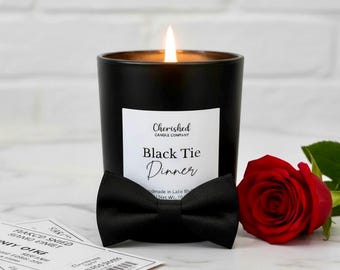 Black Tie Dinner, Soy Candle, Masculine Scent, Sandalwood, Leather, Brandy, Luxury Black Vessel, Bold and Delightful Scent, Black Satin Bag