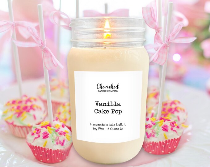 Featured listing image: Vanilla Cake Pop l Naturally Scented Soy Wax Candle l 8 or 16 oz Mason Jar l Hand Poured l Dessert Candle l Baker Gift l Scrumptious Candle