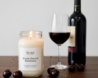 Black Cherry Bordeaux, Pure Soy Wax Mason Jar Candle, Fruity Wine and Sophisticated Scent, Wine Candle Gifts, Black Satin Bag