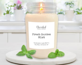 Fresh Garden Mint l Naturally Scented Soy Wax Candle l Hand Poured l Dye Free l Mint Candles l 8oz or 16 oz Mason Jar l Gardening Lovers