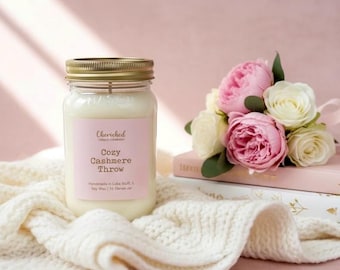 Cozy Cashmere Throw, Naturally Scented Soy Wax Candle, Pink and Gold Label, Luxurious and Relaxing Scent, Cozy Pink Decor, Pink Satin Bag