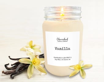 Vanilla l All Natural Scented Soy Wax Candle l Hand Poured 16 oz Mason Jar l Long Burn l Vanilla Candle l Home Decor l Container Candle