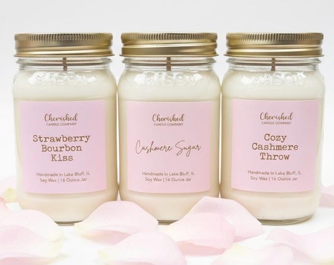 Featured listing image: Feminine Scented Soy Wax Candles, Fun Pink and Gold Label, Pick Your Scent, Cashmere, Fruity and Island Scents, Cozy Pink Decor, Pink Bag