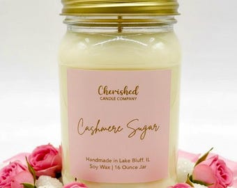 Cashmere Sugar, Naturally Scented Soy Wax Candle, Pink and Gold Label, Cozy Pink Decor, Feminine Scent, Luxurious Candle, Pink Satin Bag