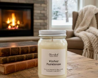 Winter Farmhouse, All Naturally Scented Soy Wax Candle, Cozy Winter Decor, Cozy Cabin, Black Satin Bag