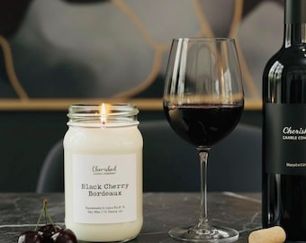 Black Cherry Bordeaux, Pure Soy Wax Mason Jar Candle, Fruity Wine and Sophisticated Scent, Wine Candle Gifts, Black Satin Bag