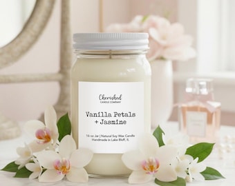Vanilla Petals + Jasmine, Naturally Scented Soy Wax Candle, Luxurious and Sophisticated Scent, Cozy Candle, Pink Satin Bag Included