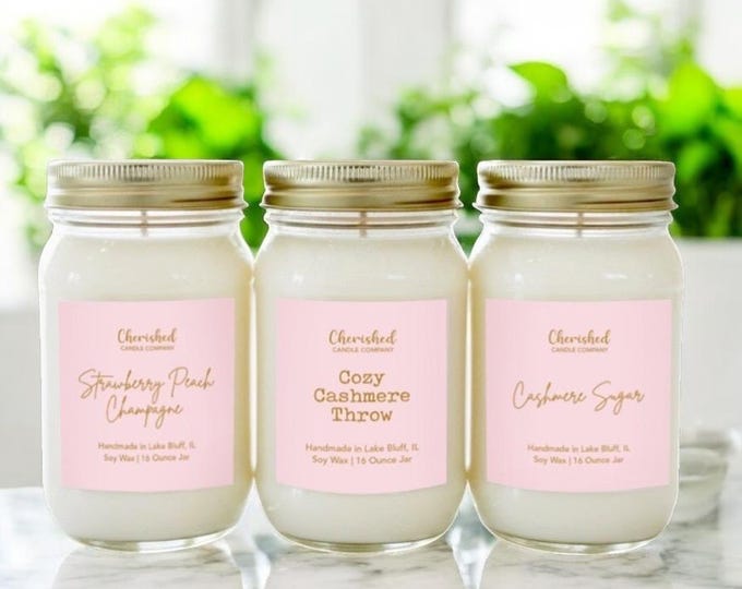 Featured listing image: Feminine Scented Soy Wax Candles, Fun Pink and Gold Label, Pick Your Scent, Cashmere, Fruity and Island Scents, Cozy Pink Decor, Pink Bag