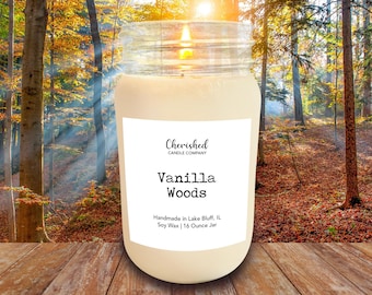 Vanilla Woods l Naturally Scented Soy Wax Candle l 8 oz or 16 oz Mason Jar l Hand Poured l Masculine Scent for All l Gifts for Men