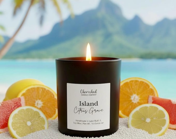 Featured listing image: Island Citrus Grove, Naturally Scented Soy Wax Candle, Vibrant and Exotic Scent, Tropical Island Vibes, Beach House Decor, Spa Candle