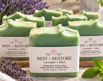 Rest + Restore Handmade Artisan Soap l Lavender Mint Soap, Made with Essential Oils + Grass Fed Beef Tallow l 5 oz Bar