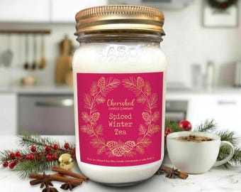 Spiced Winter Tea Soy Candle, Holiday Scent, Christmas Scent, Cozy Christmas Decor, Hand Poured, Red Satin Bag, Calming Scent, Tea Lovers