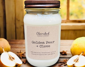 Golden Pear + Clove, Fall Soy Wax Candle, Red Satin Bag, Cozy Fall Decor, Cozy Fall Candles, Mason Jar Candle, Nontoxic, Autumn Candles