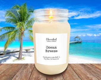 Ocean Breeze l All Natural Scented Soy Wax Candle l Hand Poured l 8 oz or 16 oz Mason Jar l Dye Free l Beach Candles l Beach Decor l Vegan