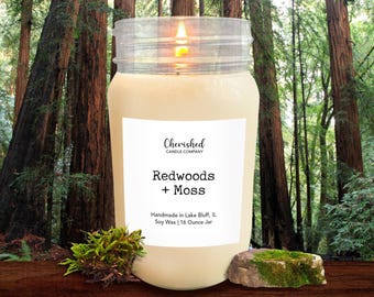 Redwoods + Moss l Naturally Scented Soy Wax Candle l 8oz or 16 oz Mason Jar l Hand Poured l Sophisticated + Masculine Scent l Gifts for Men