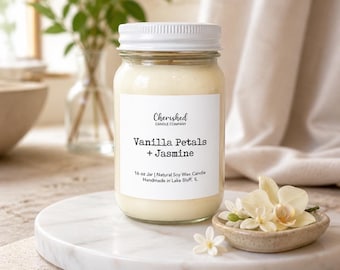 Vanilla Petals Jasmine Soy Wax Candle, Cozy Ambered Vanilla Scent, Spa Sanctuary Home Fragrance