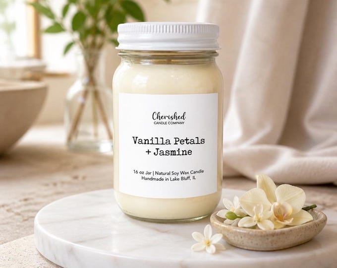 Featured listing image: Vanilla Petals Jasmine Soy Wax Candle, Cozy Ambered Vanilla Scent, Spa Sanctuary Home Fragrance