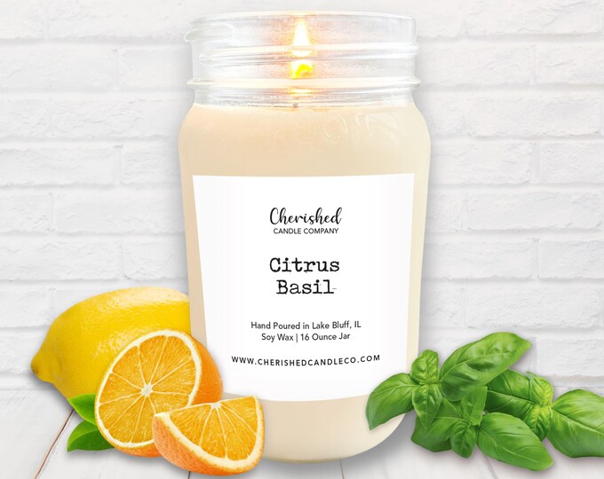 Featured listing image: Citrus Basil l All Natural Scented Soy Wax Candle l 16 oz Mason Jar l Hand Poured l Dye Free l Basil Scented l Home Decor l Vegan