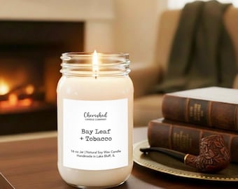 Bay Leaf + Tobacco, Soy Wax Candle, Earthy and Woodsy Scent, Cozy and Sophisticated Scent, Black Satin Bag
