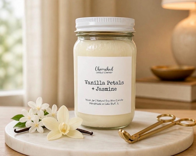 Featured listing image: Vanilla Petals Jasmine Soy Wax Candle, Cozy Ambered Vanilla Scent, Spa Sanctuary Home Fragrance