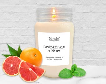 Grapefruit + Mint l Naturally Scented Soy Wax Candle l 8 oz or 16 oz Jar l Spa Candle l Fresh Candle l Hand Poured l Home Decor l Calming