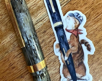 Eversharp Skyline Fountain Pen Cat Vinyl Sticker, for vintage fountain pen fans, featuring a steam train engineer cat