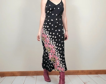 Vintage 90s Black Blush Magenta Pink Floral Midi Maxi Slip Dress Womens Medium