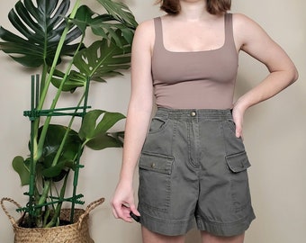 Vintage 90s Y2K Deep Olive Green High Rise Cargo Khaki Shorts 30"