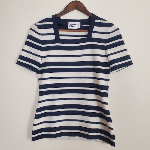 Vintage 60s Mod Navy White Striped Square Neck Sh… - image 5