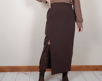Vintage 90s Espresso Brown High Rise Slitted Midi Pencil Skirt Womens Medium