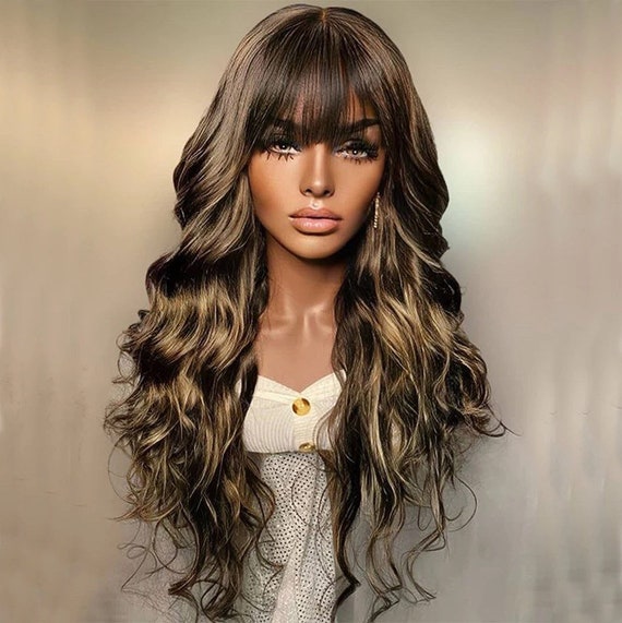 Highlight Blonde Body Wave Human Hair Wigs With Bangs for - Etsy
