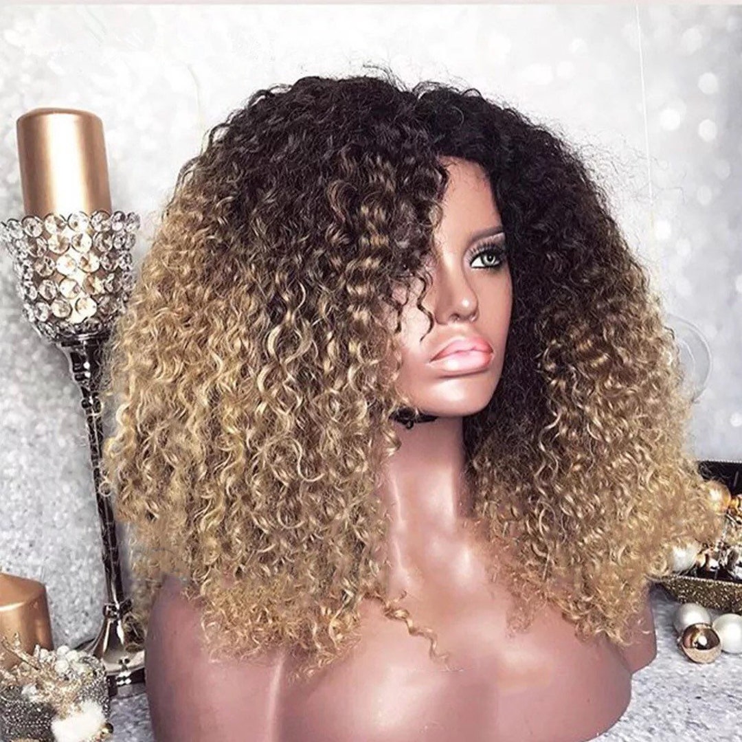 Highlight Wigs Human Hair Deep Curly 13x4 Lace Front Wigs Ombre Honey Blond＿並行輸入品 - 1