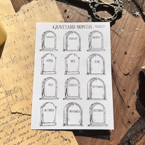 Kerkhofmaandenblad, Hekserij Kalender Planning Stickers, Mystic Witch Bujo, Spooky Tombstone Dates, Dark Grave Planner, Goth Days