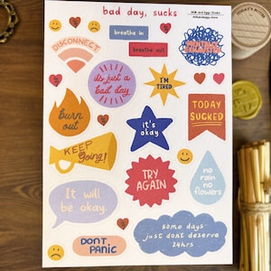 Hoja de pegatinas con frases de mal día, pegatinas de amor propio, bujo Ámate a ti mismo, Bullet Journal de cuidado personal, planificador decorativo, papelería motivacional