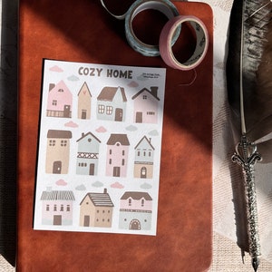 Hoja de pegatinas de hogar acogedor, lindo bujo de casa, bullet journal de estética kawaii, lindas pegatinas de diario de garabatos, adorable planificador de álbumes de recortes