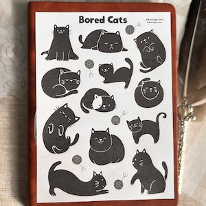 Foglio di adesivi di gatti annoiati, diario di proiettili di gattini coccolosi, diario di animali domestici giocosi e accoglienti, adorabile pianificatore estetico di gattini, carino bujo di patch kawaii