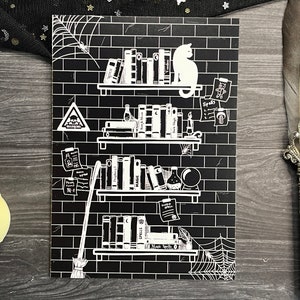 Witches&#39; Den Art Print, Spooky Magical Library, Mystic Halloween Goth Postcard, Dark Gothic Set, Magic Books Boho Witch Home Decor