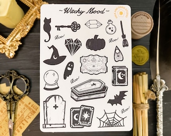 Witchy Mood Sticker Sheet, Magic Stickers, Mystic Bullet Journal, Witch Stickers, Whimsical Stickers, Dark Esoteric Planner, Emo Goth