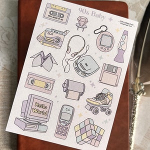 Foglio di adesivi per bambini anni '90, adesivi retrò vintage, diario proiettile hippie, diario groovy anni '60, planner kawaii anni '70, bujo pastello carino anni '80