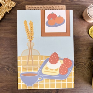 Frühstücks-Tee-Zeit Kunstdruck, Matt A6 Postkartendruck 350 GSM, Kawaii Art, Süßes Schreibtisch-Druckset, Ästhetisches Raumdekor, Illustrierter Kunstdruck