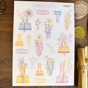 Hoja de pegatinas de clips de flores, pegatinas de clip de papel floral, diario de bala Cottagcore, Boho estético, lindo planificador decorativo Kawaii estacionario