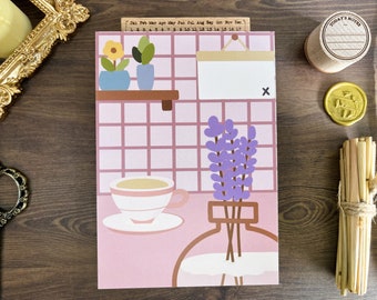 Work Desk Art Print, Tea bedroom Matte A6 Postcard Print 350GSM, Kawaii Art, Cute Food Set, Aesthetic Room Decor, Illustrated Art Print